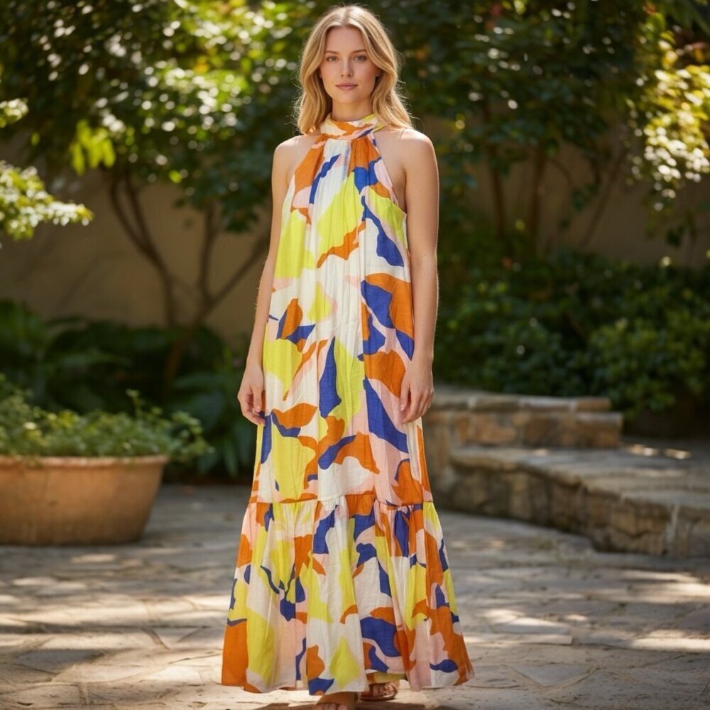 New Cynthia Steffe Halter Maxi Dress Size Medium Multicolor Rayon Blend Boho